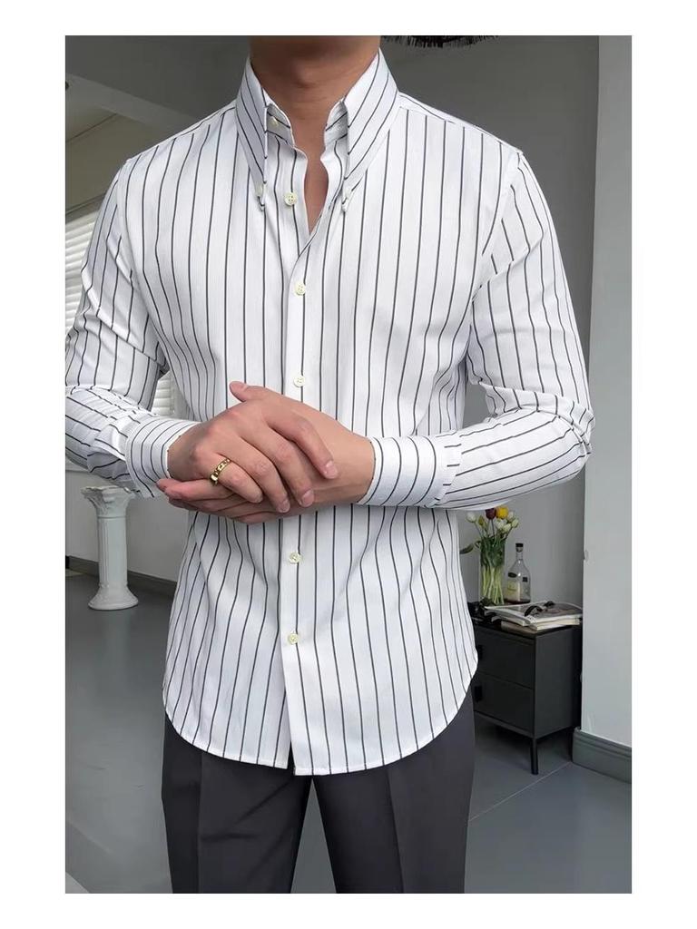 Ruishen Apparel Italienisches Retro Grün Gestreiftes Langarmhemd mit Langem Spitzkragen