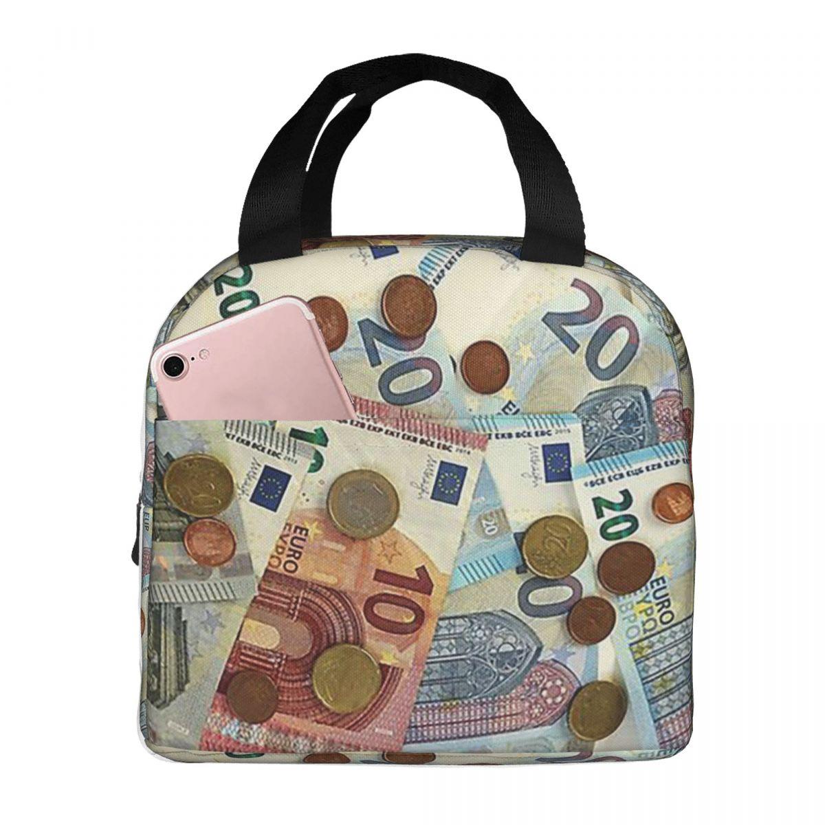 Euro Banknotes And Coins Insulated Lunch Bag for Women Kids Portable Food Boxes Thermal Lunch Box Tote One Size