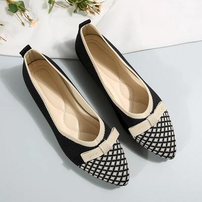 New Women's Knitted Slip On Flats Breathable Comfortable Bowtie Walking Shoes Casual Pointed Toe Walking Sneakers Loafers