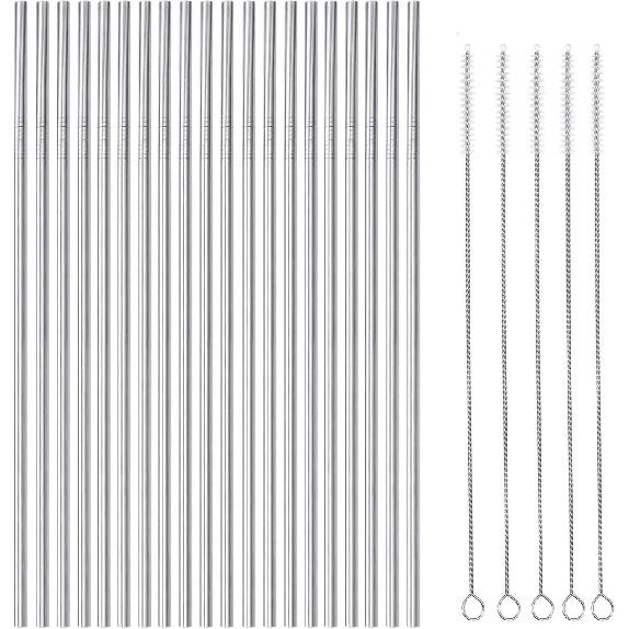 25 Piece Set Stainless Steel Straws Long 8.5 Inch Drinking Metal Straws Reble Drinking Straws for 20 OZ (20 Straight| 5 Brushes)