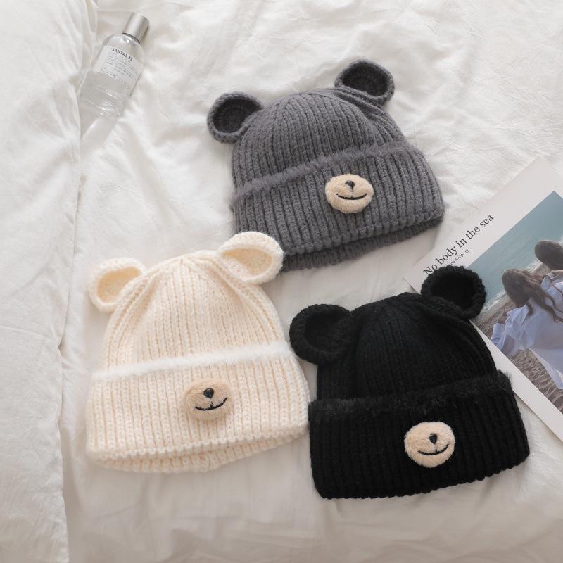 Thick knitted handcrafted bear wool Moao children's cute warm casual and face showing small pullover hat  cold hat for autumn and winter