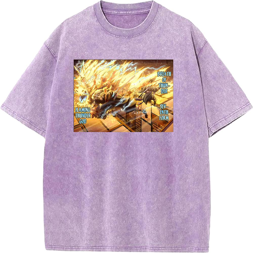 Hot Anime Demon Slayer Agatsuma Zenitsu Kaigaku Print T-shirt Men Retro Washed Tshirts Casual Cotton T Shirt Harajuku Male Tops