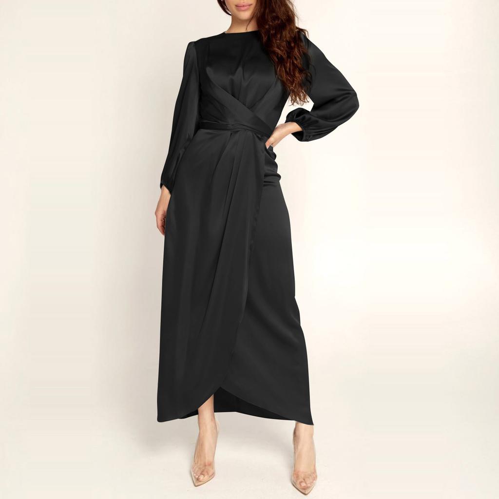 Women's Fashion Solid Color  Long Sleeve Satin Soft Waist And  Dress
