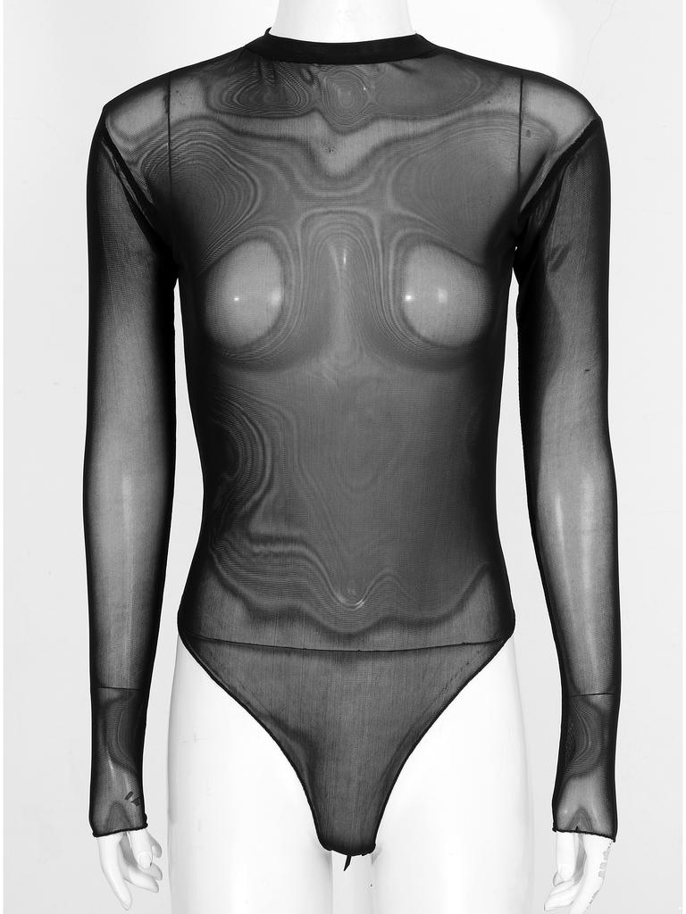 Body Manches Longues Femme Design Transparent Col Rond Maillot de Corps Haut Décolleté Vêtements de Nuit Lingerie