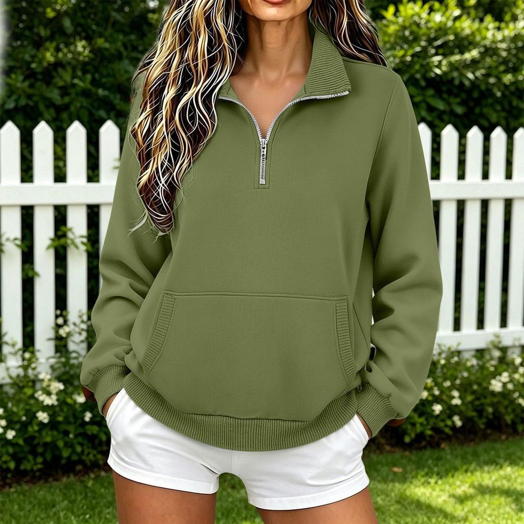 Women's Color Crewneck Long Sleeve Pullover Sweatshirt with Zipper Pocket, Loose Fit for Casual Everyday Wear
