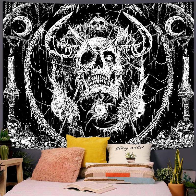 VIKAMA Totenkopf-Print Dekorative Wandteppich Gotischer Horror Stil Mondschädel Muster Geheimnisvoll Dunkles Thema Schlafzimmer Dekorativer Wandteppich