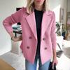 Women's Double Breasted Wool Pea Coat Notched Lapel Ribbed Knit Long Sleeve Short Blazer Jacket Fall Outerwear Coat