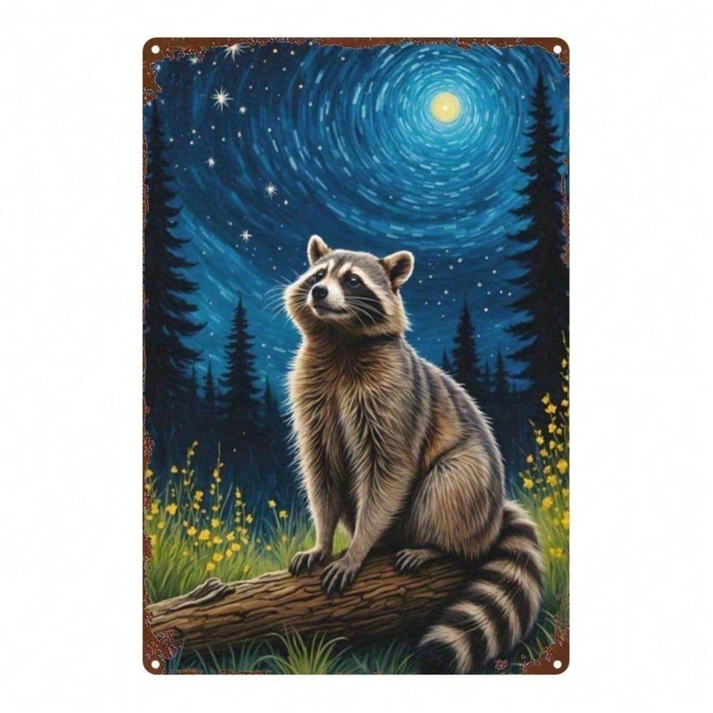Vintage Raccoon Metal Wall Art Night Sky Tin Sign Home Decor