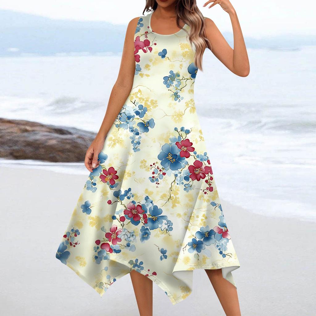 Women's Casual Fashion Round Neck Sleeveless Floral Print Irregular Hem Midi Dress