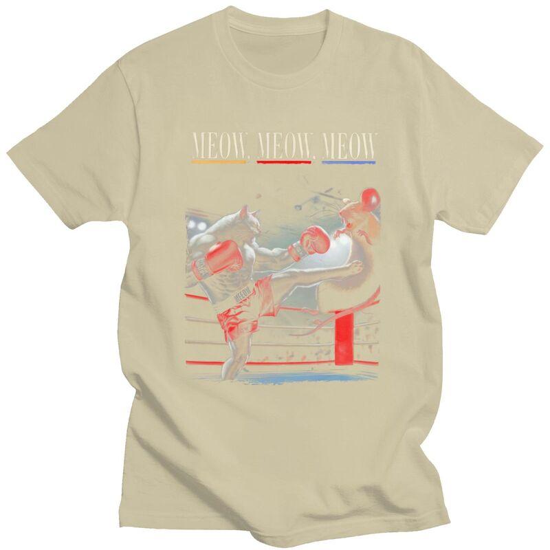 Meow Boxing Cat T Shirt for Men 100 Cotton Tshirts Streetwaer Short Sleeve Tee Shirt Loose Fit Clothing Gift