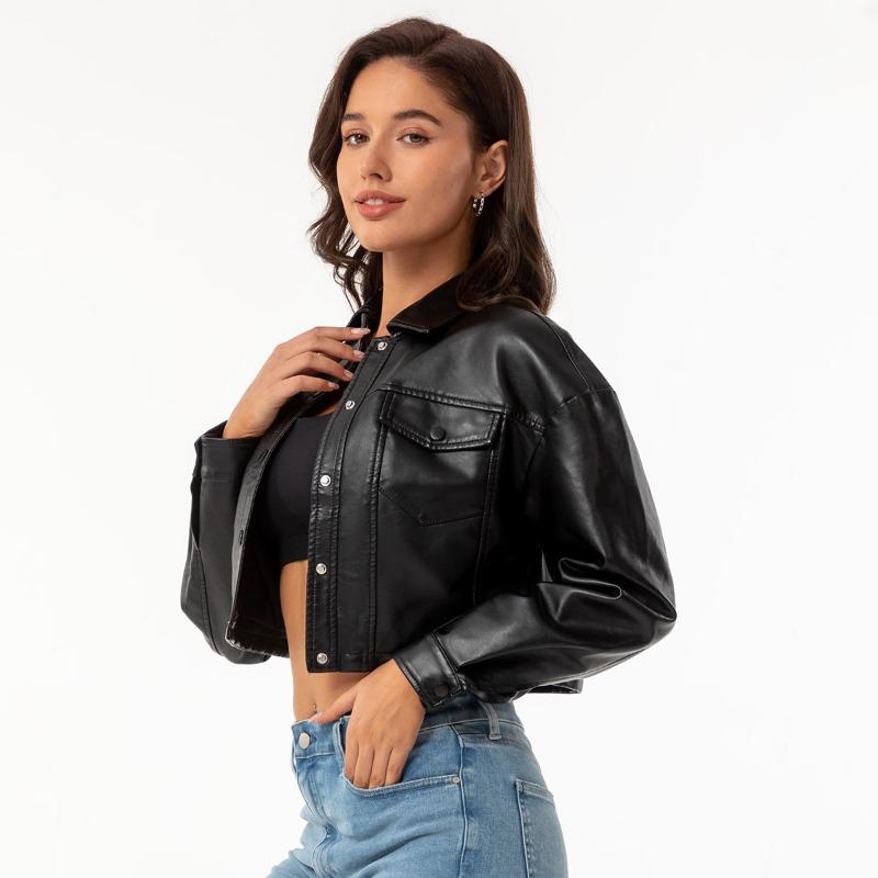 Spring and Autumn new loose casual leather jacket women's long-sleeved single-breasted women's short jacket lapel fashion