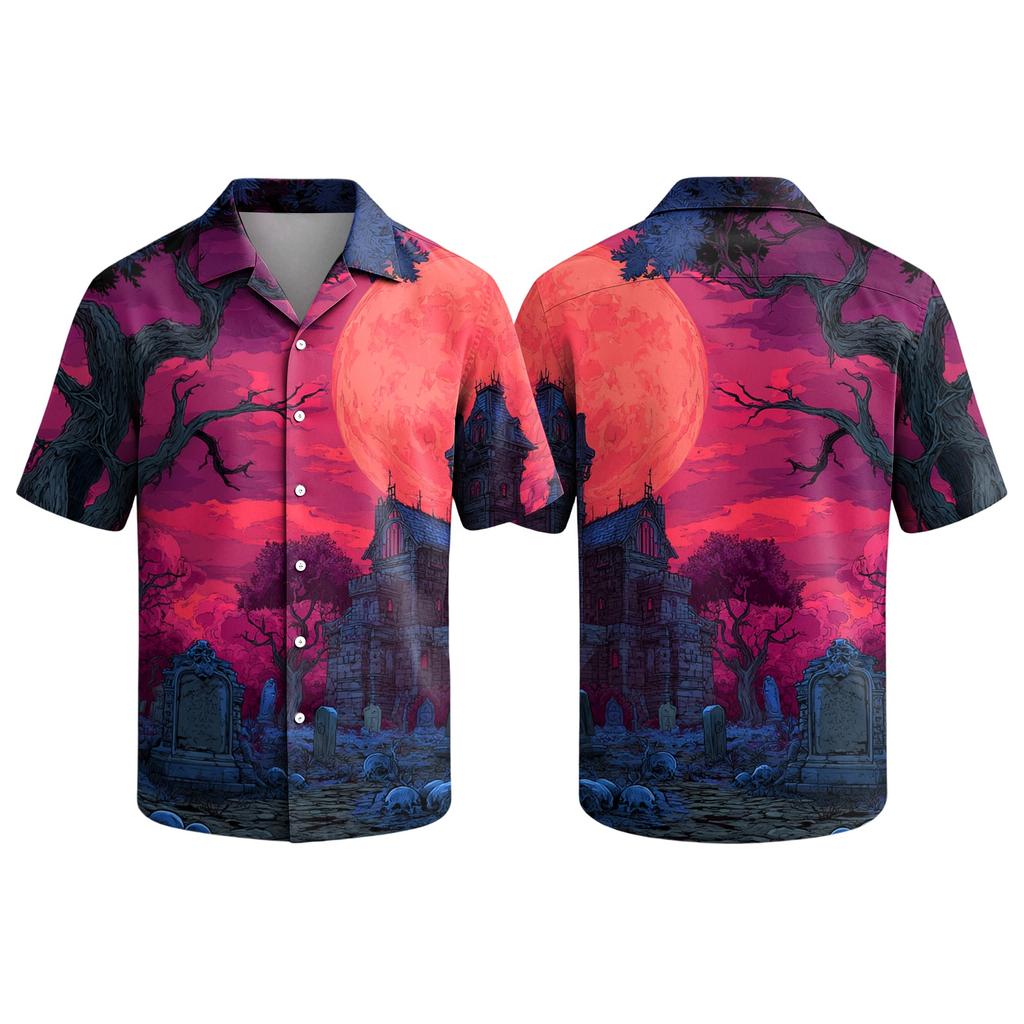 Men's Casual Short Sleeve Button Down Shirt with Halloween Graphic Print Lapel Collar Lightweight Top for Daily Wear