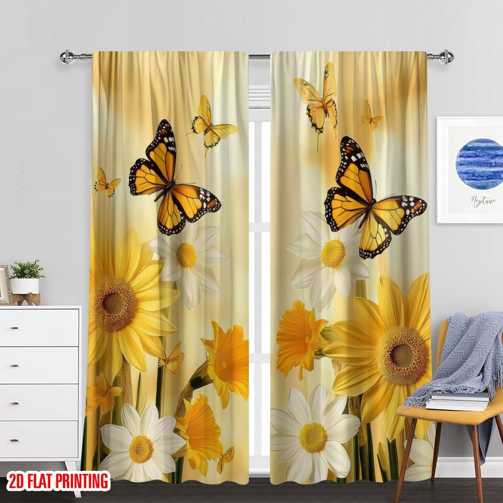 Set Of 2 Flat Printing Yellow Flower Butterfly Print Curtains Polyester Living Room Kitchen Dining Area Decor Privacy Curtain For Made