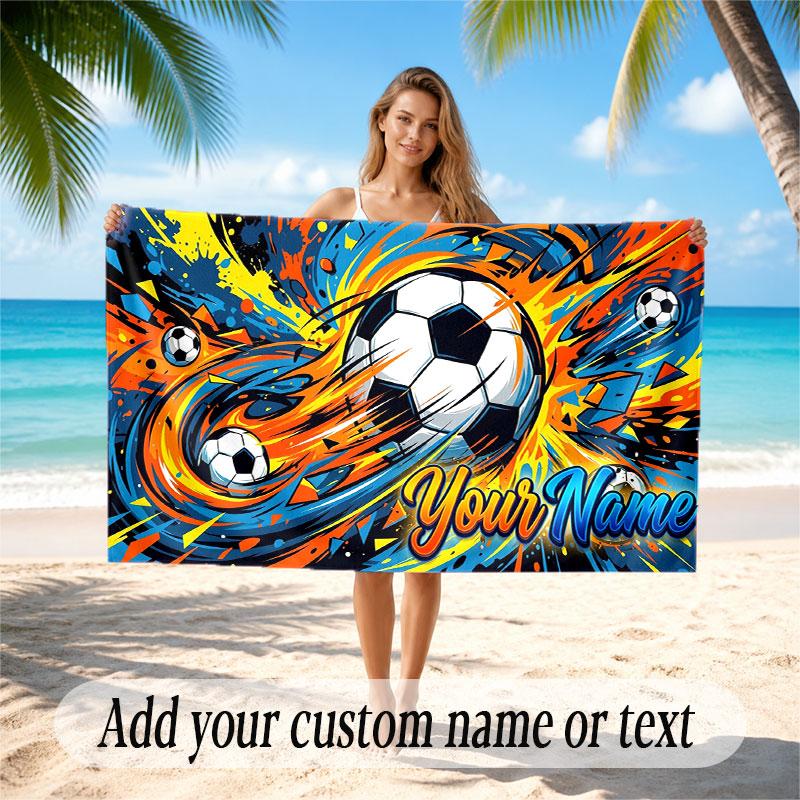 Soccer Theme Beach Towel Personalized Custom Name & Text Soft Quick Dry Beach Towel for Swimming Travel