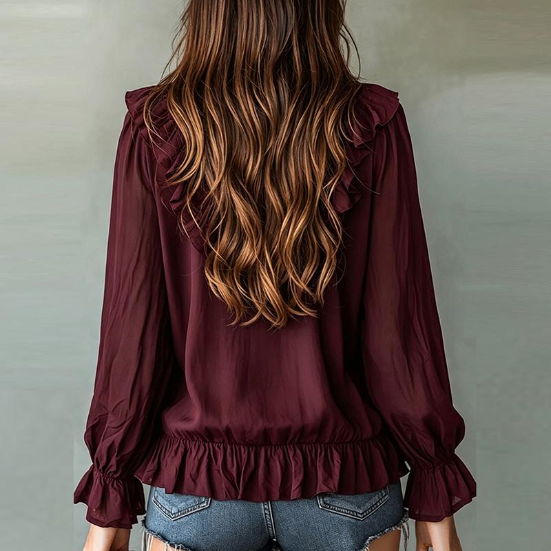 Elegant Women Long Sleeve Blouses White Ruffle Solid Color V Neck Casual Daily Blusas Spring Autumn Shirts Office Lady Tops