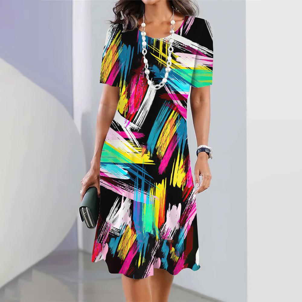 Summer Women's Fashion Round Neck Short-sleeved A-line Dress 3d Colorful Printing Casual Loose Dress