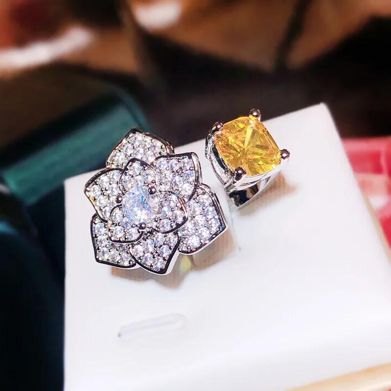 Sparkling Golden Zircon Flower Wedding Open Ring Silver Color White Gold Plated Anti Allergic for Women