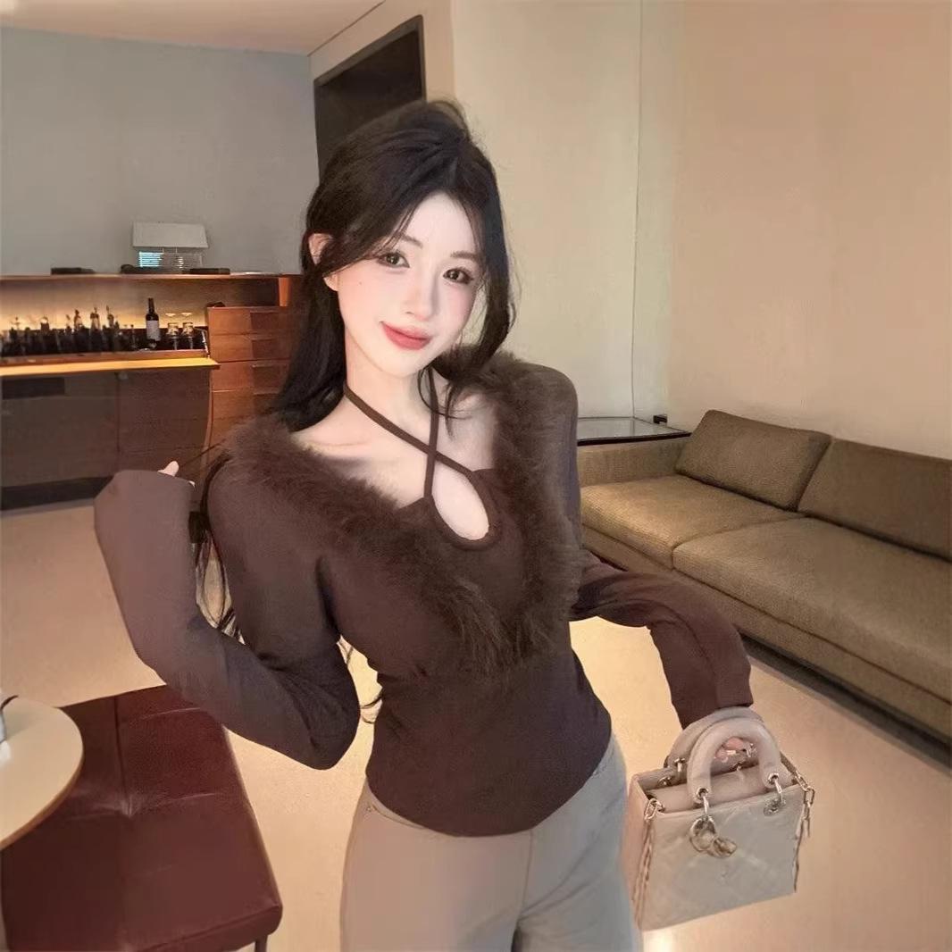 

American Retro Fluffy Patchwork Halter Long-Sleeve T-shirt - Women s Slim Fit Autumn/Winter Base Layer Top S кофейный