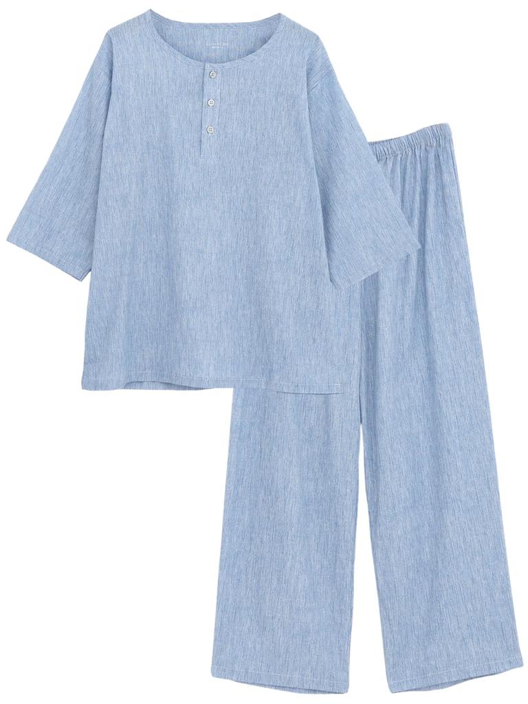 Kaituck Family Suimin Care Takashima Chijimi Solid Blue and LL Sax Men's Japanese-Made Pajamas, Fabric, 100% Cotton, Half-Open, Color, Navy, Spring,