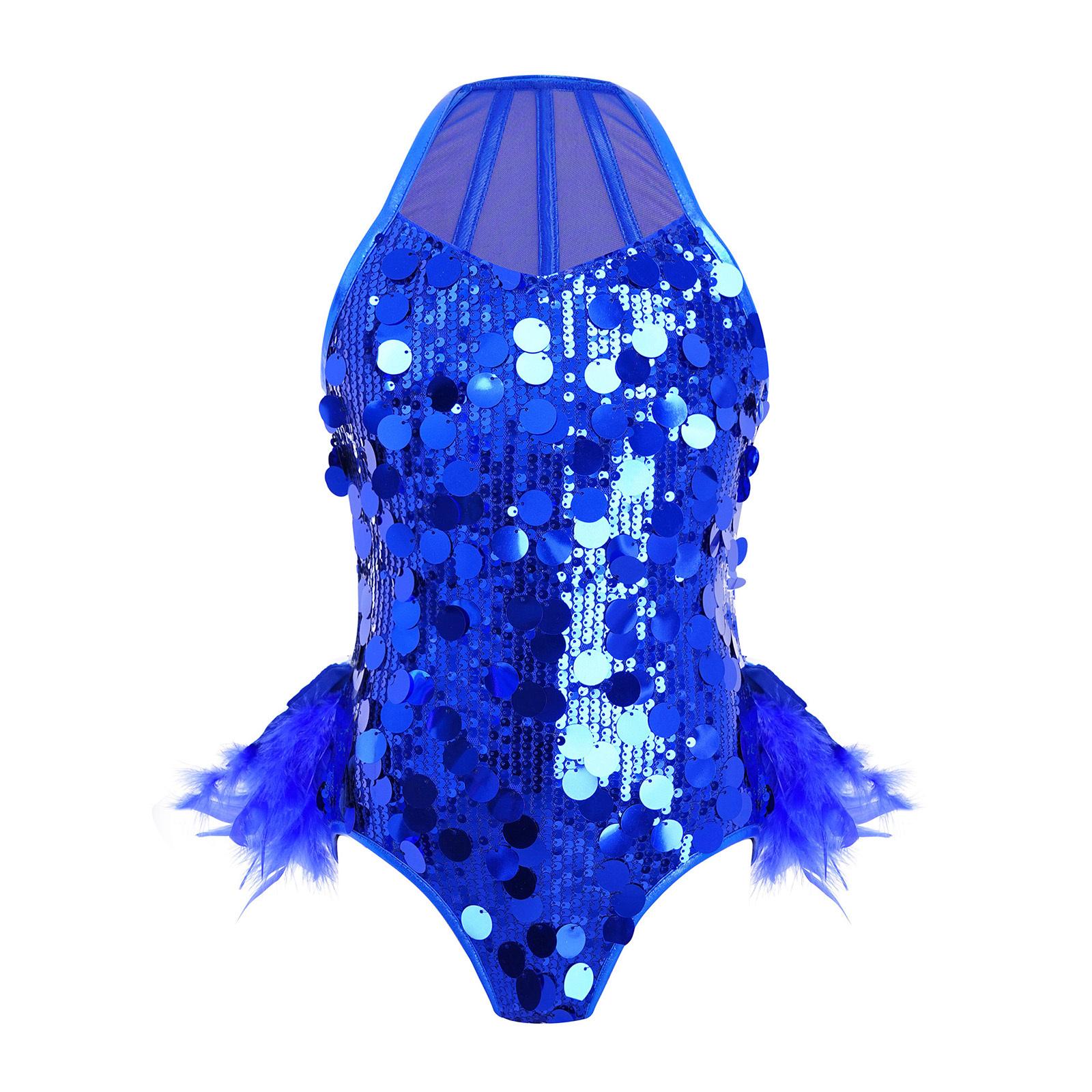 

Girls Dance Performance Sleeveless Side Invisible Zipper Back Mesh Patchwork Feather Glittery Sequin Leotard 5-6 Years королівський синій колір
