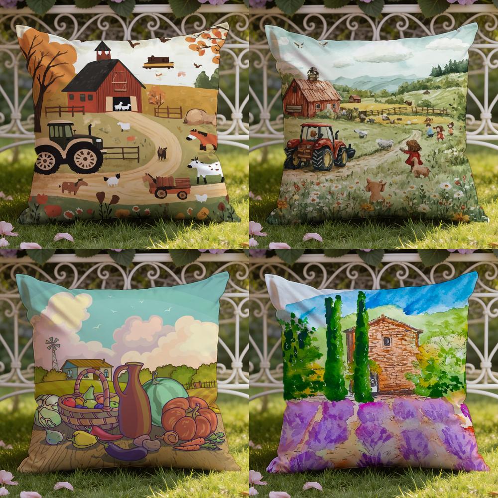 Colorful Farm Painting Cushion Cover Home & Car Dual-Scene Pillow Cover: Reversible for Premium Comfort