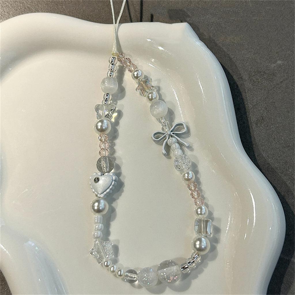 Ins Cute Rhinestone Love Heart Bow Pendant Beaded Mobile Phone Chain Wristband Camera Keychain For iPhone Bag Girl Hanging Rope