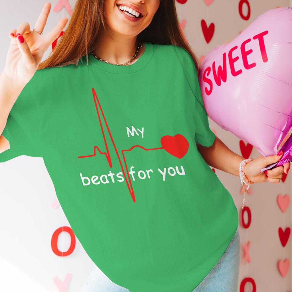 Couple Heart Beats for You Print T Shirt Causal Women Man Vintage Couples Matching Tshirt Short Sleeve Valentines Day Tees