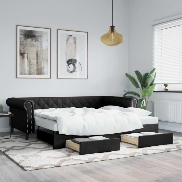 VidaXL Daybed with Trundle and Drawers Black 90x200 Cm Faux Leather 3197731