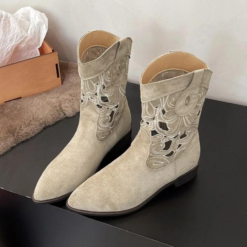 Fashion Slip-on Block Heel Single Boots Autumn New Pointed Embroidery Hollow-out Soft-sole Anti-slip Wear-resistant Booties