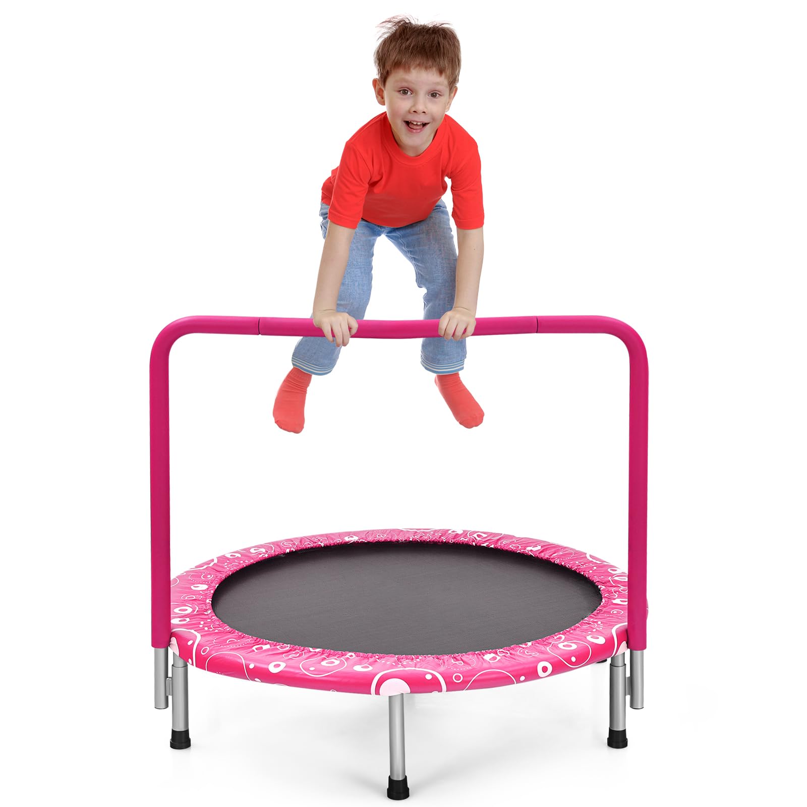 

Giantex Trampoline for Kids and 150kg Weight 6 Safety Elastic Adjustable High Home Celebration Gift Adults, Capacity, Legs, 92x92cm, Band, Foldable, розовый