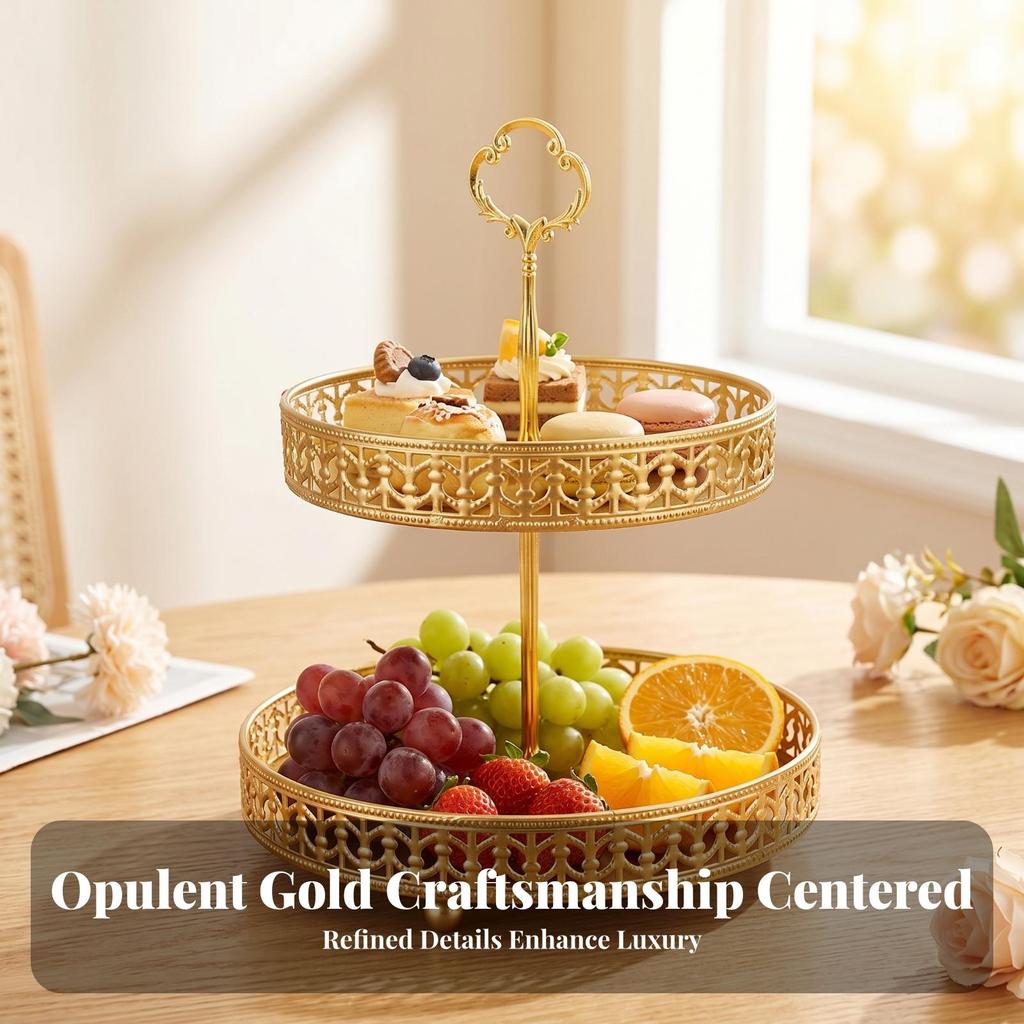 Double Layer Fruit Tray Colored 2 Tier Decorative Leaf Pattern Dessert Stand for