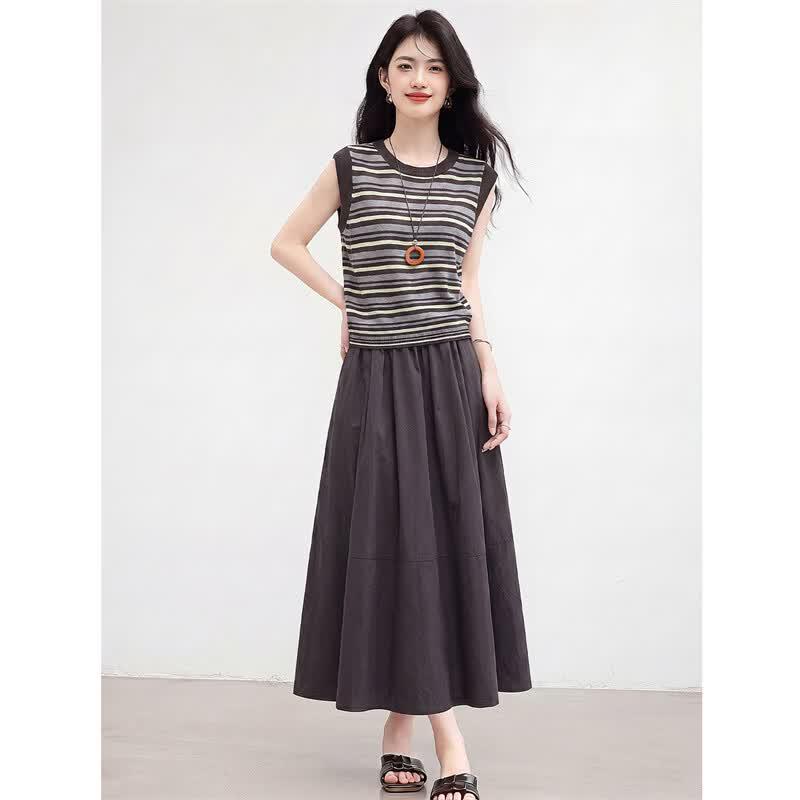 Women's Striped Sleeveless T-Shirt & A-Line Skirt Set