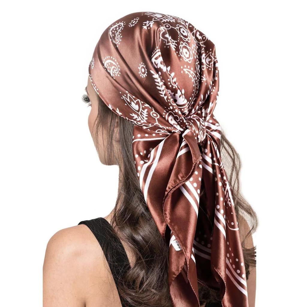 Damen-Satin-Quadrat-Seiden-ähnliche Haarschals, Wickel-Kopftuch zum Schlafen, 90 cm, quadratischer Seidenschal, Handblumen-Turban-Schal