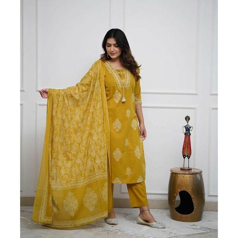 Women's Pure Cotton Printed with Handwork Kurta with Pants and Dupatta Set | Ethnic Set | Suit Set | Kurta Set | Wedding Suit Set