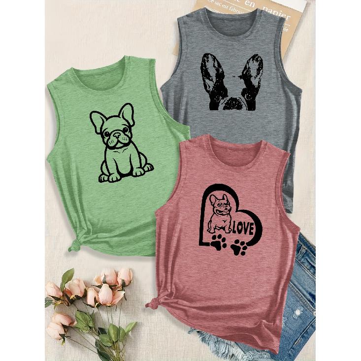 Women's Elegant Style Simple Cute Animal Dog Letter Combination Gift Print Pattern Round Neck3Sleeveless Vest Spring/summer Women's Top