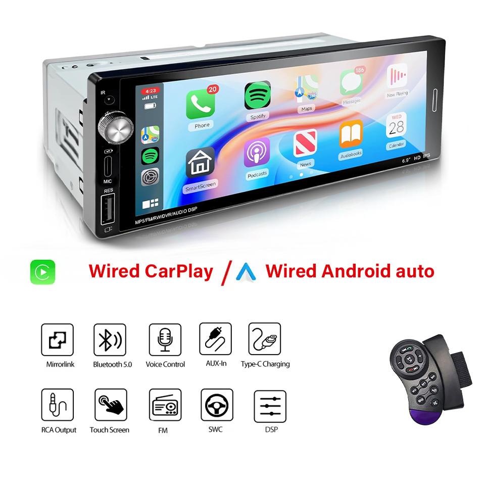 

1Din 6.9 CarPlay Android Auto Wireless/Wired Universal Car Radio MP3 MP5 multimedia FM Stereo 1 Din USB TYPE-C Fast Charging Wired-M06-0