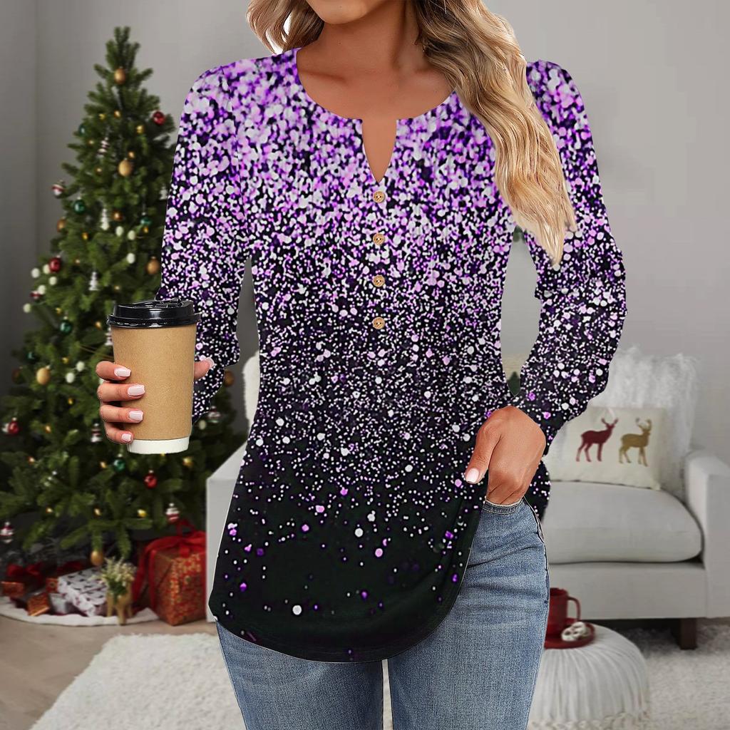 Damenmode Lässig Plissiert Rundhals Zierknopf Bedruckt Langarm T-Shirt Top