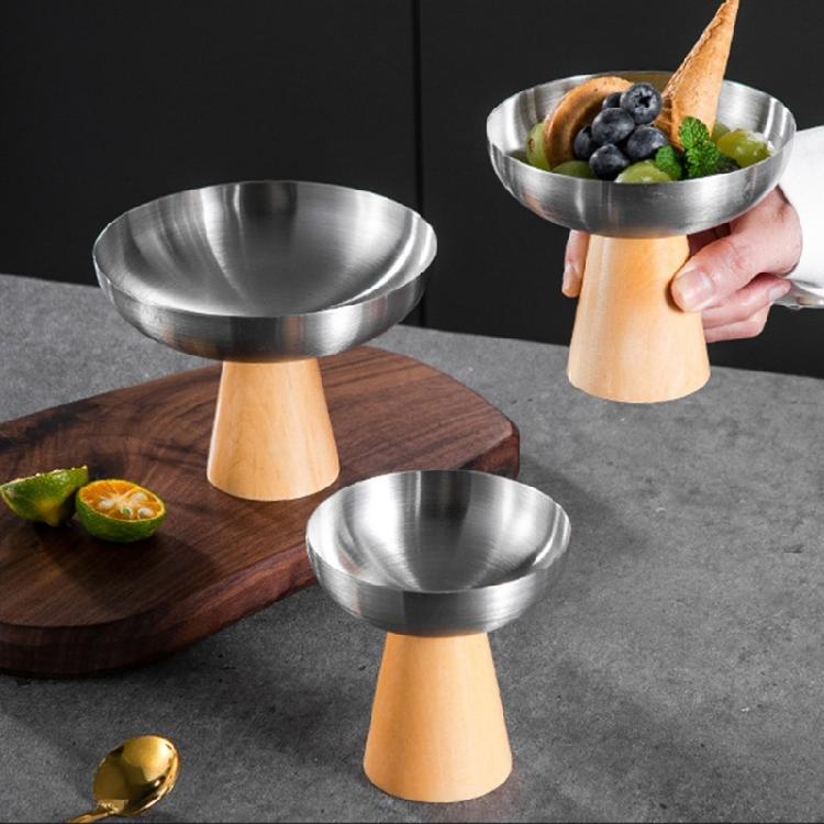 Wood Base And Stainless Steel Dessert Holder Elegant Serving Cup For Ice Cream Fruit Salad And Snacks