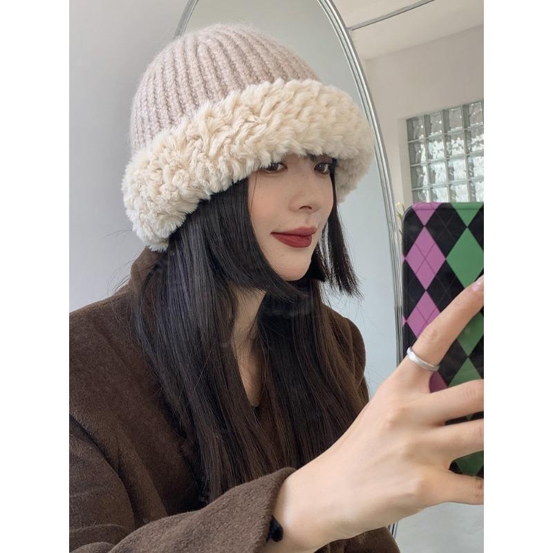 Women's Big Head Wool Hat with Versatile Face In Autumn and Winter Small Knitted Hat with Thickened Warm Plush Ear Protection Fisherman's Hat
