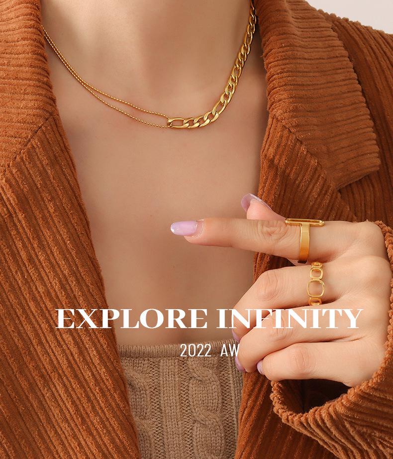 18K Gold Plated Bead Patchwork Necklace & Bracelet Set in Titanium Steel, European & American Fashion.