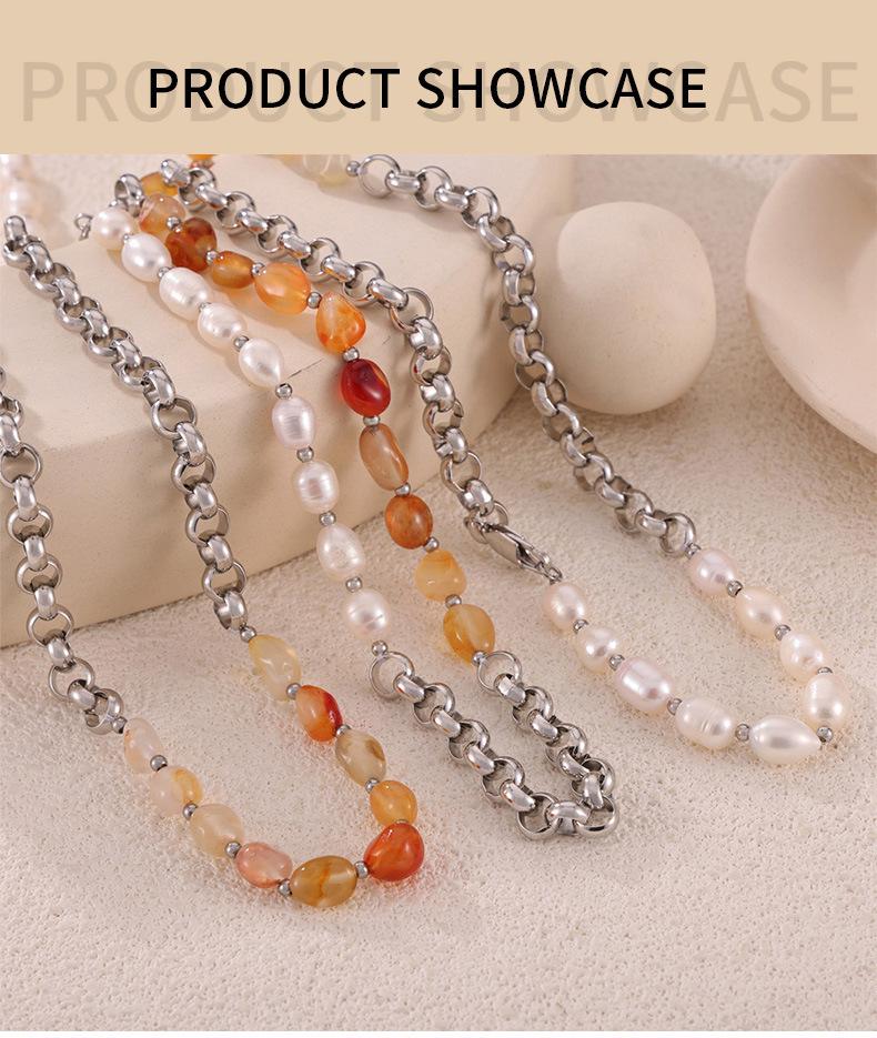 Elegant 18k Gold-Plated Titanium Necklace: Natural Stone, Pearl Beads & O-Chain