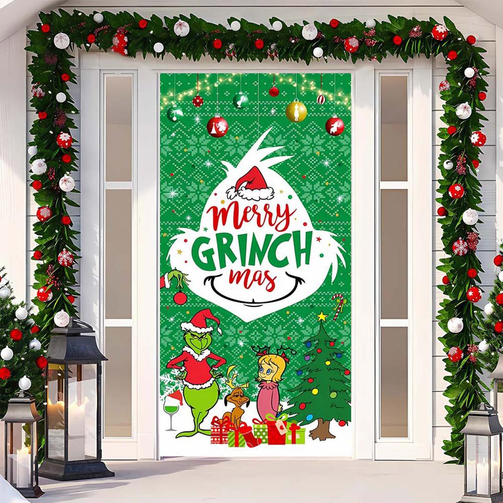 Christmas Door Cover Decorative Hanging Cloth Green Door Cover Christmas Door Curtain New Year Tapestry Door Cover Background