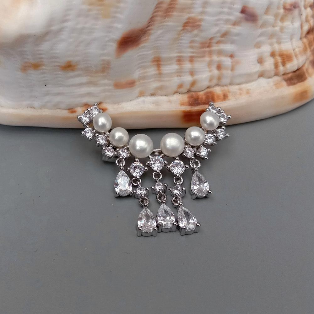Natural Freshwater Cultured White Pearl Cubic Zirconia Pave Silver Plated Brooch