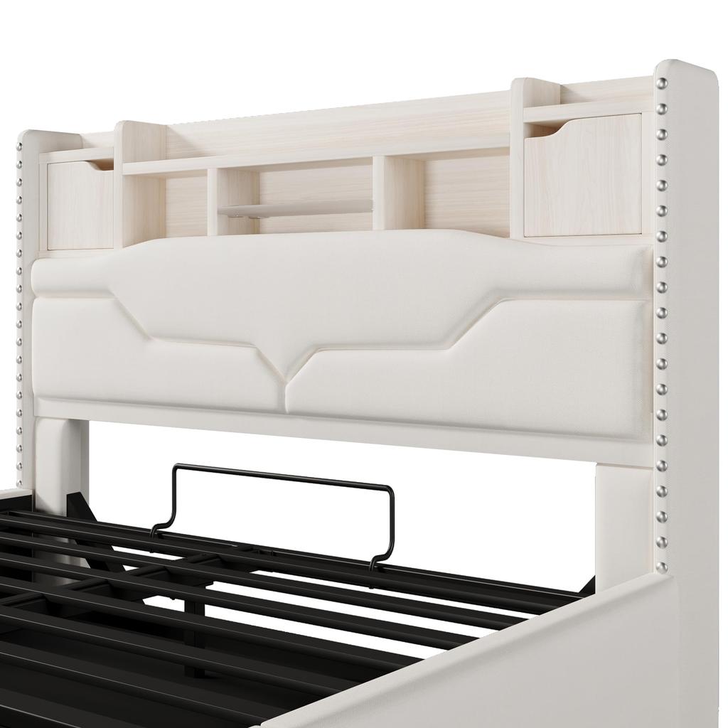 Polsterbett 160x200 Hydraulischer Stauraum, LED-Kopfteil, USB-A&C Ladefunktion, Lattenrost, ferngesteuerte Lichtleiste, Ohne Matratze, Beige