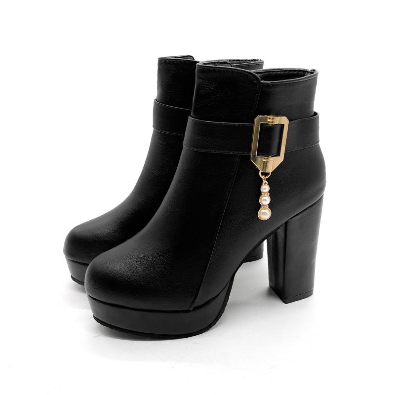 Mode Comemore Herbst und Winter Neue Stiefeletten Klobige Hohe Absätze Damenschuhe Plateau Mode Perle Einfarbig Botines Para Mujeres
