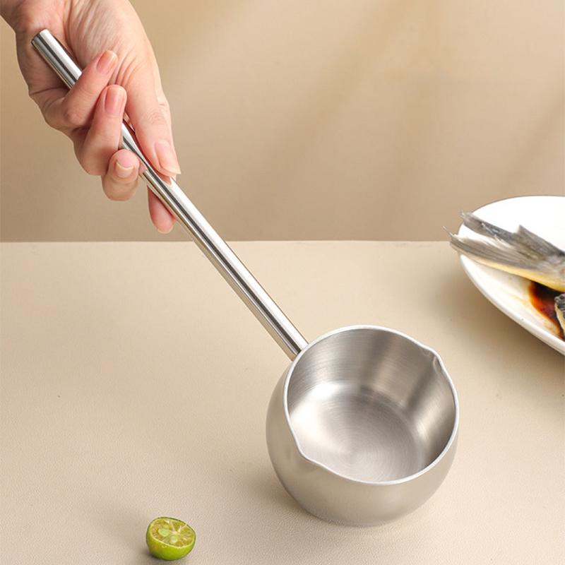 SUS304 Pouring Oil Spoon Long Handle Burning Oil Pot Kitchen Small Soup Pot Special Spoon for Oil Pouring Baking Coffee Tools