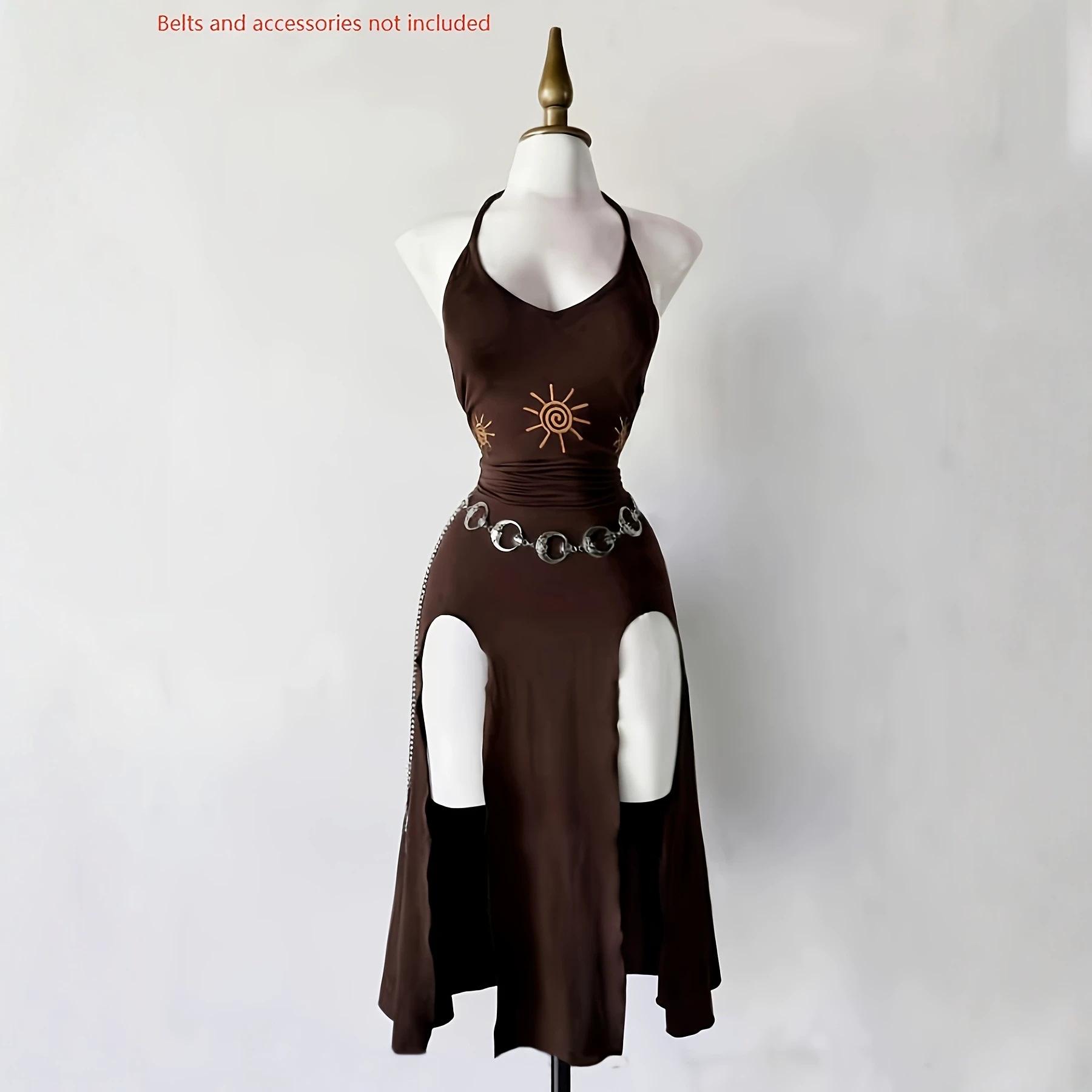 Gothic neck lace-up dress Slim-fitting and thin split-ended mid-length dress Party vacation dress S темно-коричневого