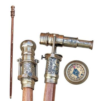Gegraveerde Messing Wandelstok Met Telescoop Richtingkompas Bovenop Spyglass Stok, 1920 Dollond Londen Victoriaanse Stokken, Handgemaakt Cadeau