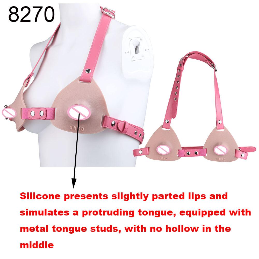 QKKQ PU Leather Silicone Red Lips Bra Realistic Labia Underwear Chest Pleasure Breast Bondage Chest Bodice For Couple FlirtingGood product