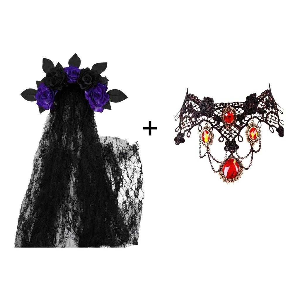 Halloween Headband Wreath Simulated Rose Flower Headband Lace Veil Bridal Party Headband Headband